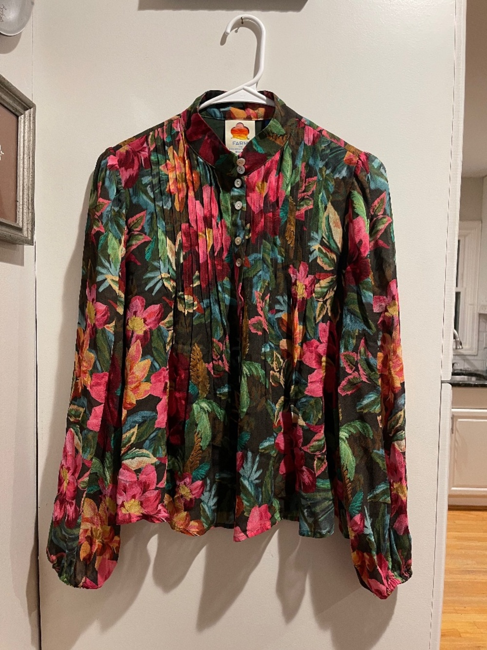 Farm Rio Anthropologie Floral Print Mock Neck Blouse XS Flowy Colorful